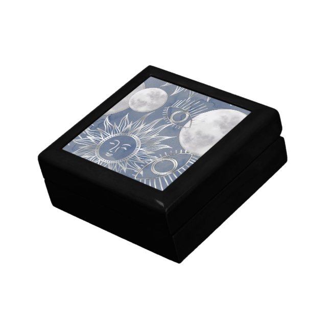 Solar Mystique | Dusty Blue Silver Moon Stars Sun Gift Box (Side)