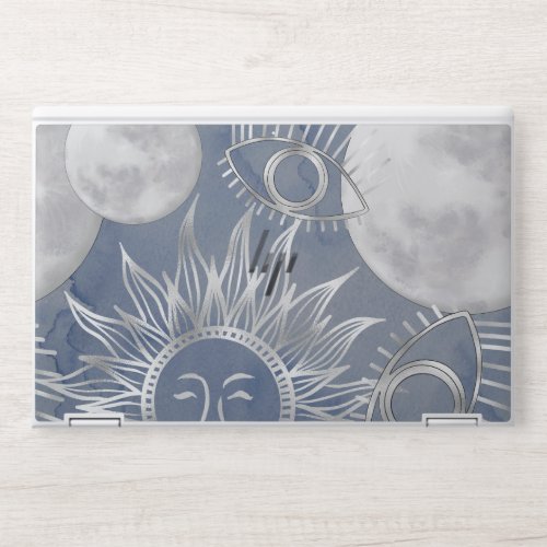 Solar Mystique  Dusty Blue Silver Moon Stars Sun HP Laptop Skin