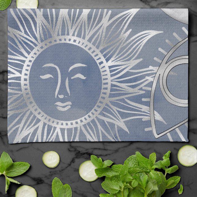 Solar Mystique | Dusty Blue Silver Moon Stars Sun Kitchen Towel (Creator Uploaded)