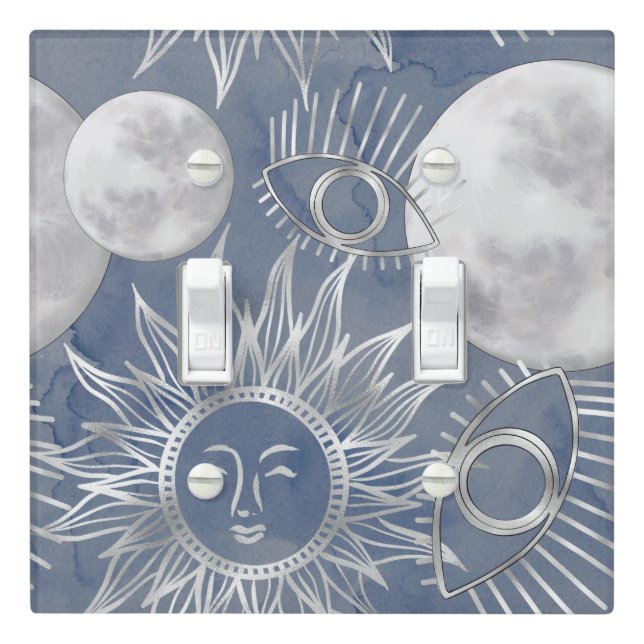 Solar Mystique | Dusty Blue Silver Moon Stars Sun Light Switch Cover (In Situ)