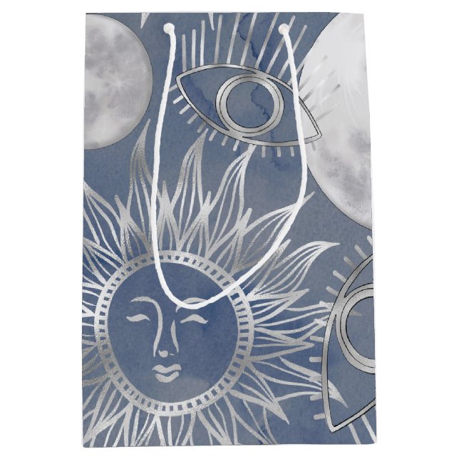 Solar Mystique | Dusty Blue Silver Moon Stars Sun Medium Gift Bag (Front)