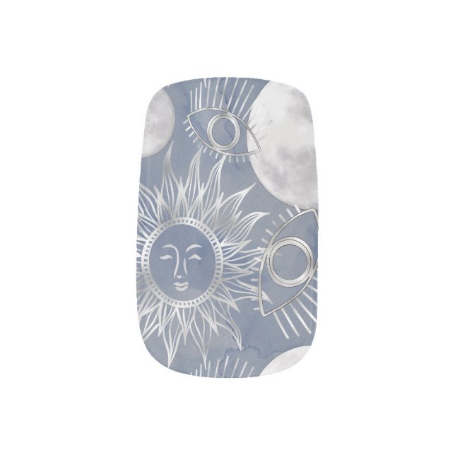 Solar Mystique | Dusty Blue Silver Moon Stars Sun Minx Nail Art (Left Thumb)