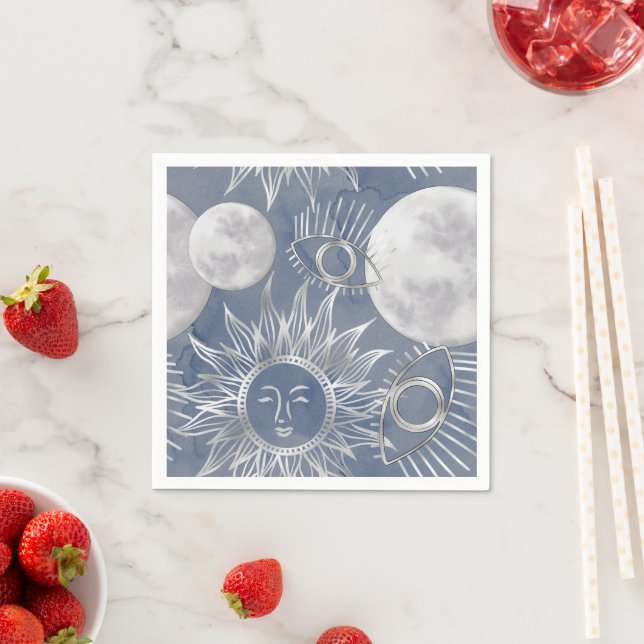 Solar Mystique | Dusty Blue Silver Moon Stars Sun Napkins (Insitu)