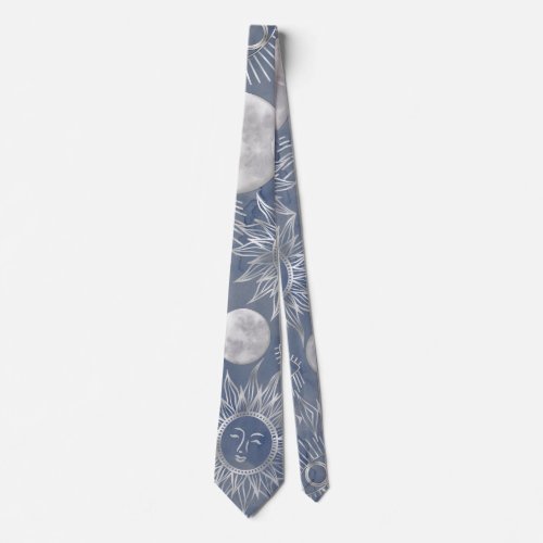 Solar Mystique  Dusty Blue Silver Moon Stars Sun Neck Tie