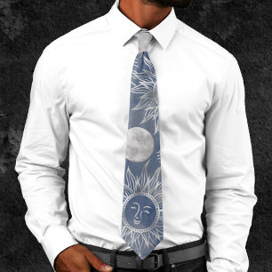 Solar Mystique Dusty Blue Silver Moon Stars Sun Neck Tie