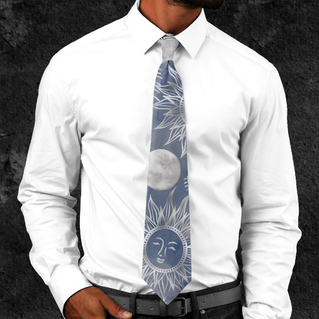 Solar Mystique | Dusty Blue Silver Moon Stars Sun Neck Tie (Creator Uploaded)