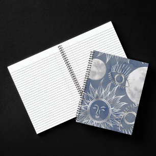 Solar Mystique   Dusty Blue Silver Moon Stars Sun Notebook