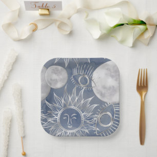 Solar Mystique   Dusty Blue Silver Moon Stars Sun Paper Plates