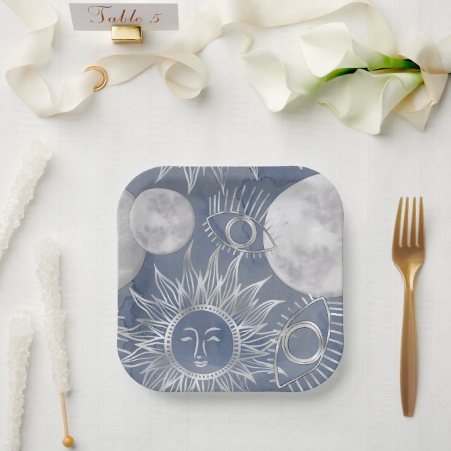 Solar Mystique | Dusty Blue Silver Moon Stars Sun Paper Plates (Wedding)