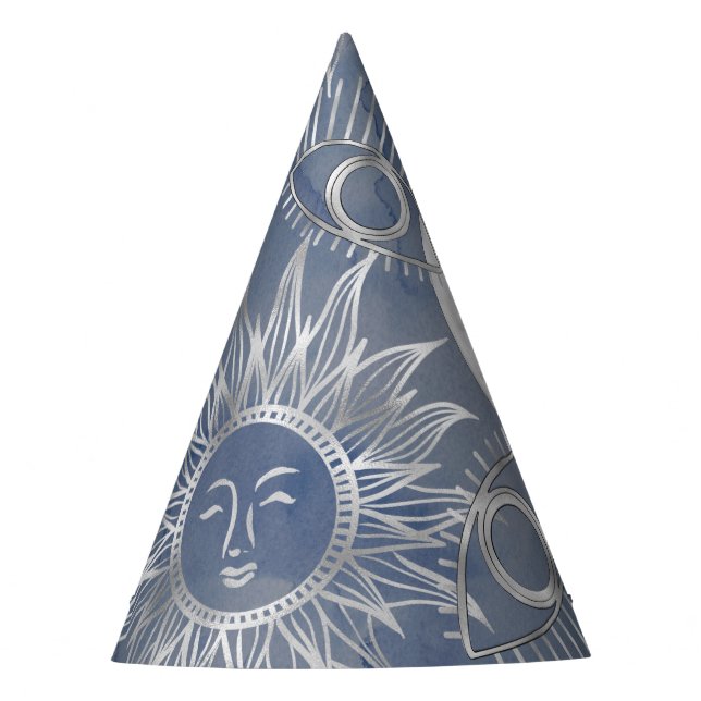 Solar Mystique | Dusty Blue Silver Moon Stars Sun Party Hat (Front)