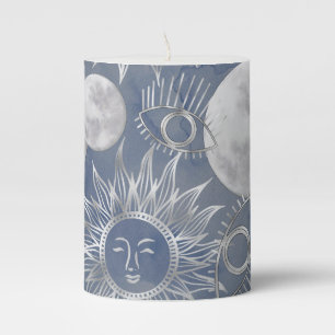 Solar Mystique   Dusty Blue Silver Moon Stars Sun Pillar Candle