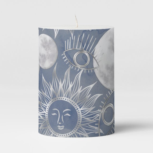 Solar Mystique | Dusty Blue Silver Moon Stars Sun Pillar Candle (Front)