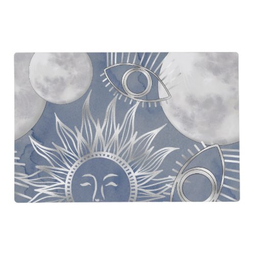 Solar Mystique  Dusty Blue Silver Moon Stars Sun Placemat