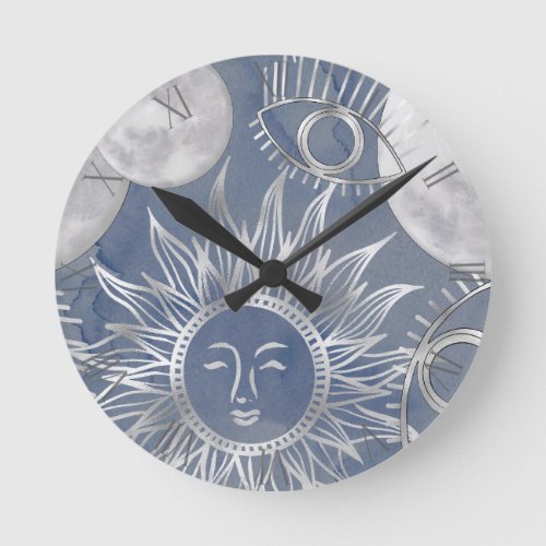 Solar Mystique  Dusty Blue Silver Moon Stars Sun Round Clock