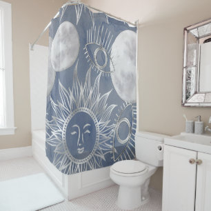 Solar Mystique Dusty Blue Silver Moon Stars Sun Shower Curtain