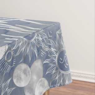 Solar Mystique Dusty Blue Silver Moon Stars Sun Tablecloth