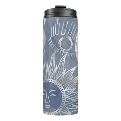 Solar Mystique  Dusty Blue Silver Moon Stars Sun Thermal Tumbler