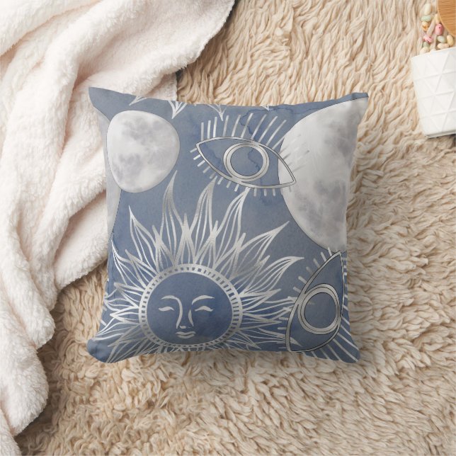 Solar Mystique | Dusty Blue Silver Moon Stars Sun Throw Pillow (Blanket)