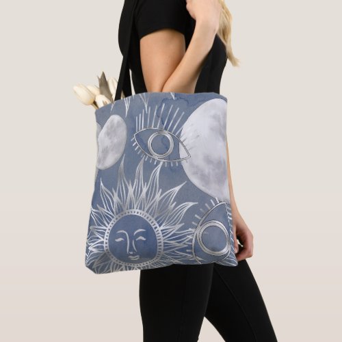 Solar Mystique  Dusty Blue Silver Moon Stars Sun Tote Bag