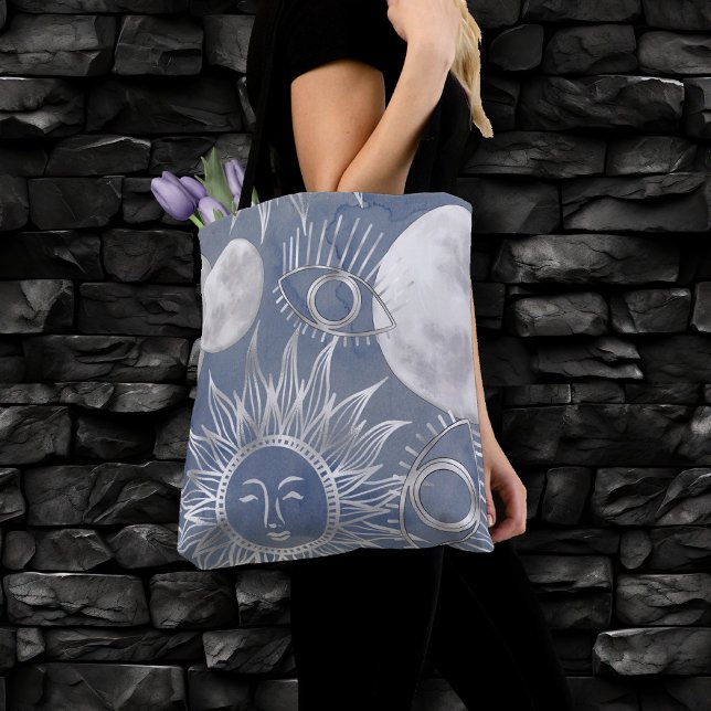 Solar Mystique | Dusty Blue Silver Moon Stars Sun Tote Bag (Creator Uploaded)