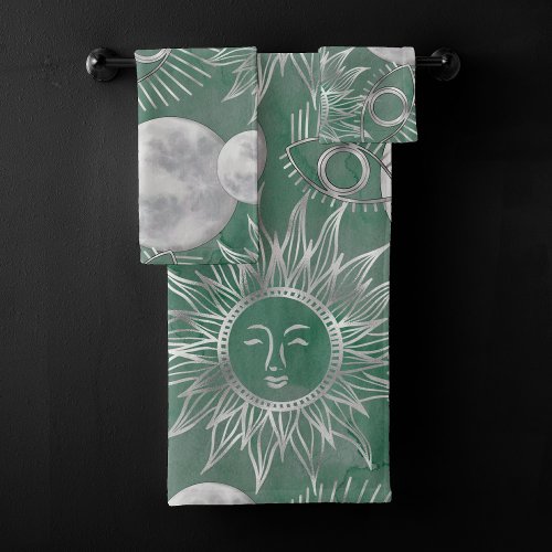 Solar Mystique  Dusty Green Silver Moon Stars Sun Bath Towel Set