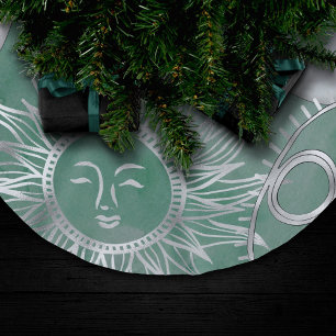Solar Mystique Dusty Green Silver Moon Stars Sun Brushed Polyester Tree Skirt