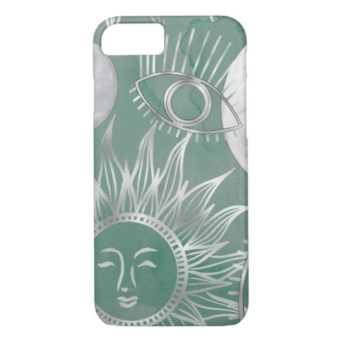 Solar Mystique  Dusty Green Silver Moon Stars Sun iPhone 87 Case