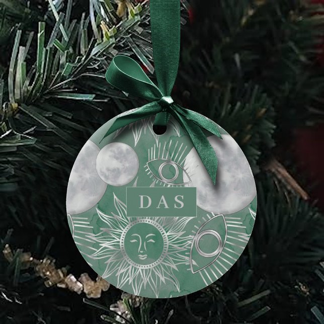 Solar Mystique | Dusty Green Silver Moon Stars Sun Ceramic Ornament (Creator Uploaded)