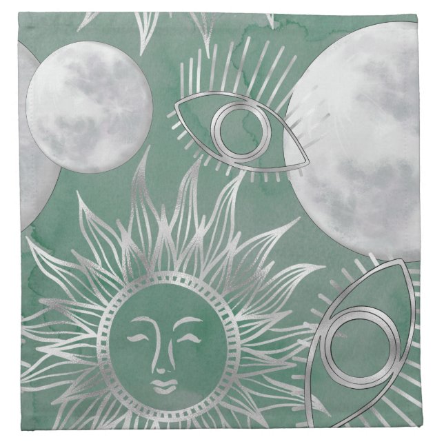 Solar Mystique | Dusty Green Silver Moon Stars Sun Cloth Napkin (Front)