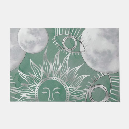 Solar Mystique  Dusty Green Silver Moon Stars Sun Doormat