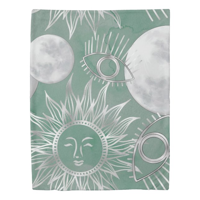 Solar Mystique | Dusty Green Silver Moon Stars Sun Duvet Cover (Front)