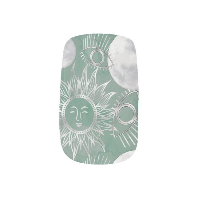 Solar Mystique | Dusty Green Silver Moon Stars Sun Minx Nail Art (Left Thumb)