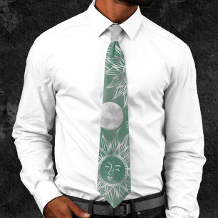Solar Mystique Dusty Green Silver Moon Stars Sun Neck Tie