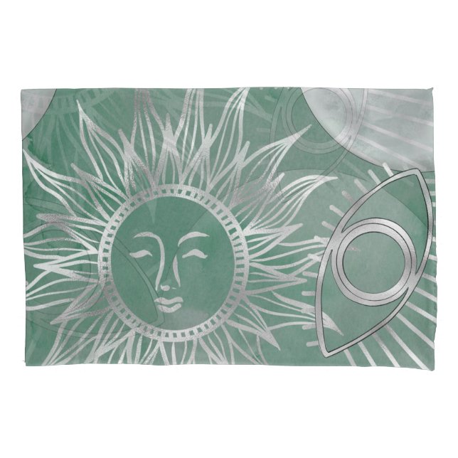 Solar Mystique | Dusty Green Silver Moon Stars Sun Pillow Case (Front)