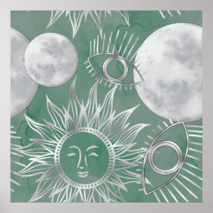 Solar Mystique Dusty Green Silver Moon Stars Sun Poster
