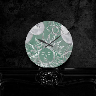 Solar Mystique Dusty Green Silver Moon Stars Sun Round Clock