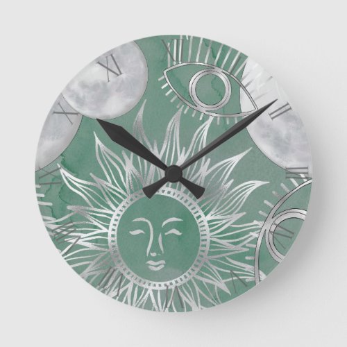 Solar Mystique  Dusty Green Silver Moon Stars Sun Round Clock