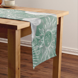 Solar Mystique Dusty Green Silver Moon Stars Sun Short Table Runner