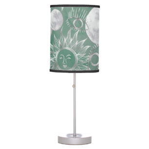 Solar Mystique   Dusty Green Silver Moon Stars Sun Table Lamp