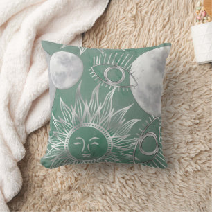 Solar Mystique   Dusty Green Silver Moon Stars Sun Throw Pillow