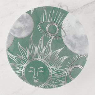 Solar Mystique   Dusty Green Silver Moon Stars Sun Trinket Tray