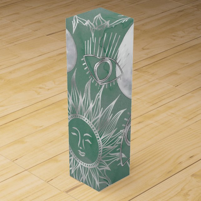 Solar Mystique | Dusty Green Silver Moon Stars Sun Wine Box (Front)
