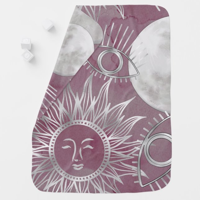 Solar Mystique | Pink Silver Moon Stars Sun Eyes Baby Blanket (In Situ)