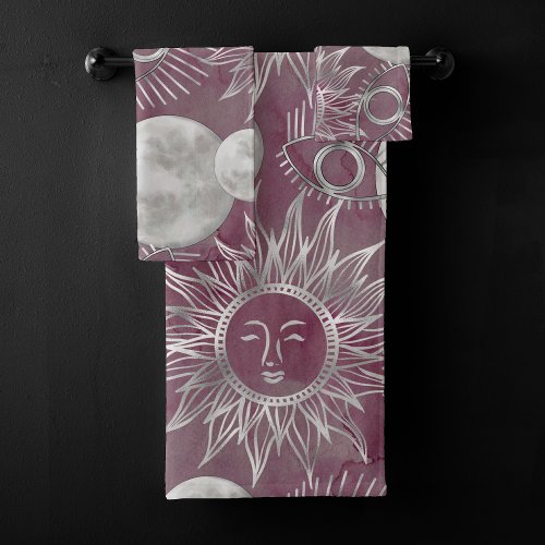 Solar Mystique  Pink Silver Moon Stars Sun Eyes Bath Towel Set