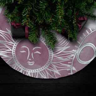 Solar Mystique Pink Silver Moon Stars Sun Eyes Brushed Polyester Tree Skirt