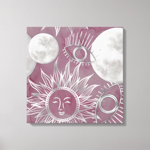 Solar Mystique  Pink Silver Moon Stars Sun Eyes Canvas Print