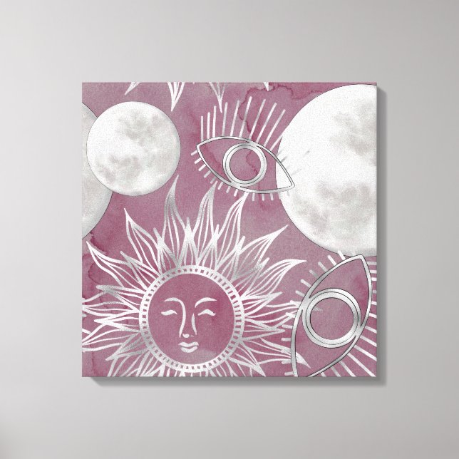 Solar Mystique | Pink Silver Moon Stars Sun Eyes Canvas Print (Front)