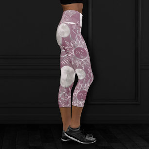 Solar Mystique Pink Silver Moon Stars Sun Eyes Capri Leggings