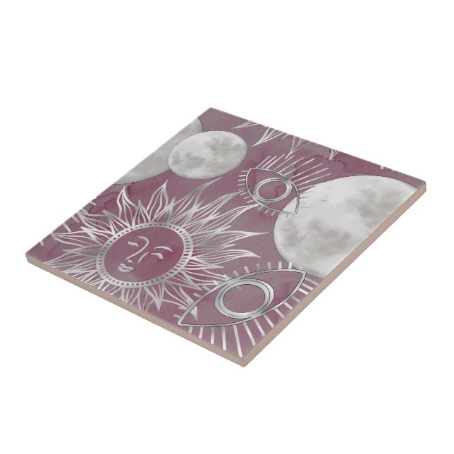Solar Mystique | Pink Silver Moon Stars Sun Eyes Ceramic Tile (Side)