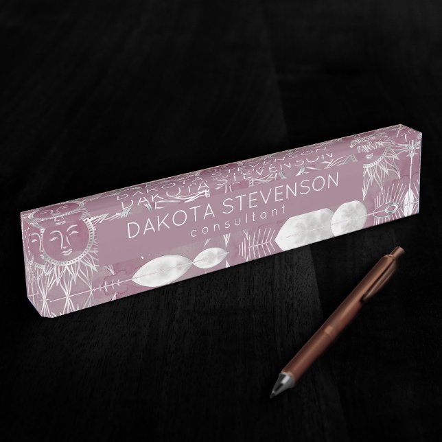 Solar Mystique | Pink Silver Moon Stars Sun Eyes Desk Name Plate (Creator Uploaded)